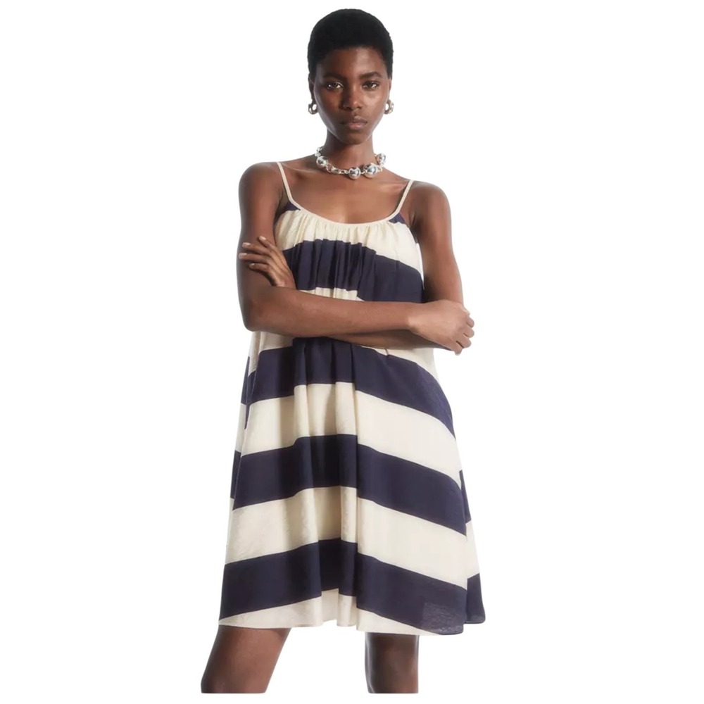 COSGathered‎ Strappy Mini Dress white and navy blue stripe pattern size 12